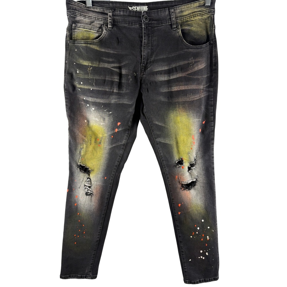 Genuine Authentic Mens Distressed Paint Splatter Jeans Black 36x32 Indie Sleeze
